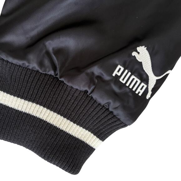 PUMA Varsity Bomber Jacket Y2K Satin Streetwear Logo Spell Out Snap Button M - Picture 5 of 8